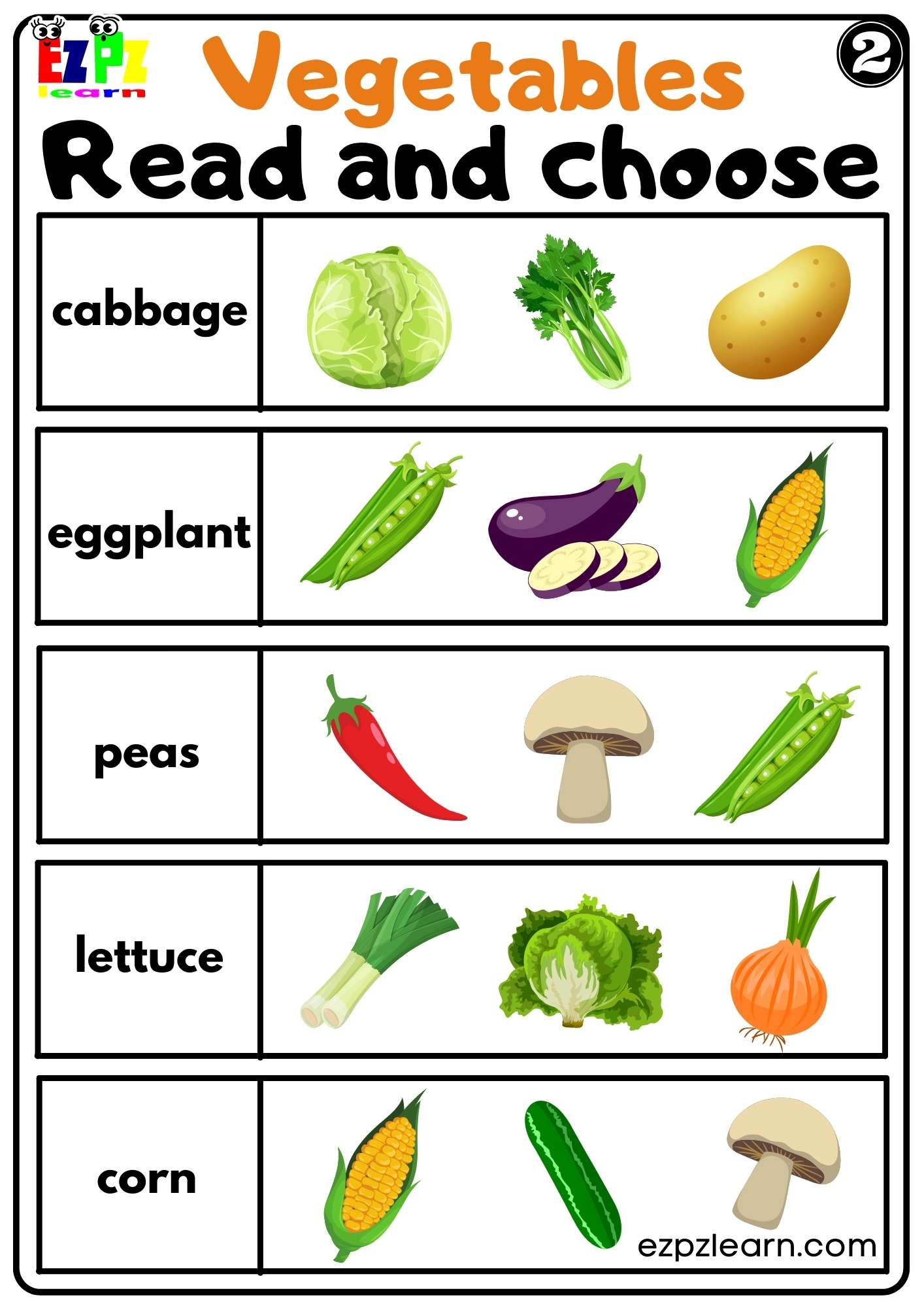 Vegetables Read and Choose Worksheet for Kindergarten K5 and ESL Students Set 2